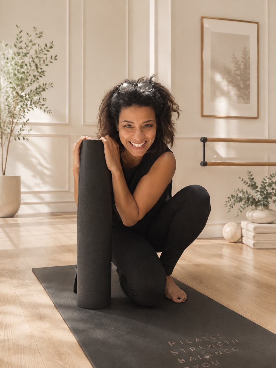 Sandra, classical Pilates instructor, seated on a mat in her Brockham studio